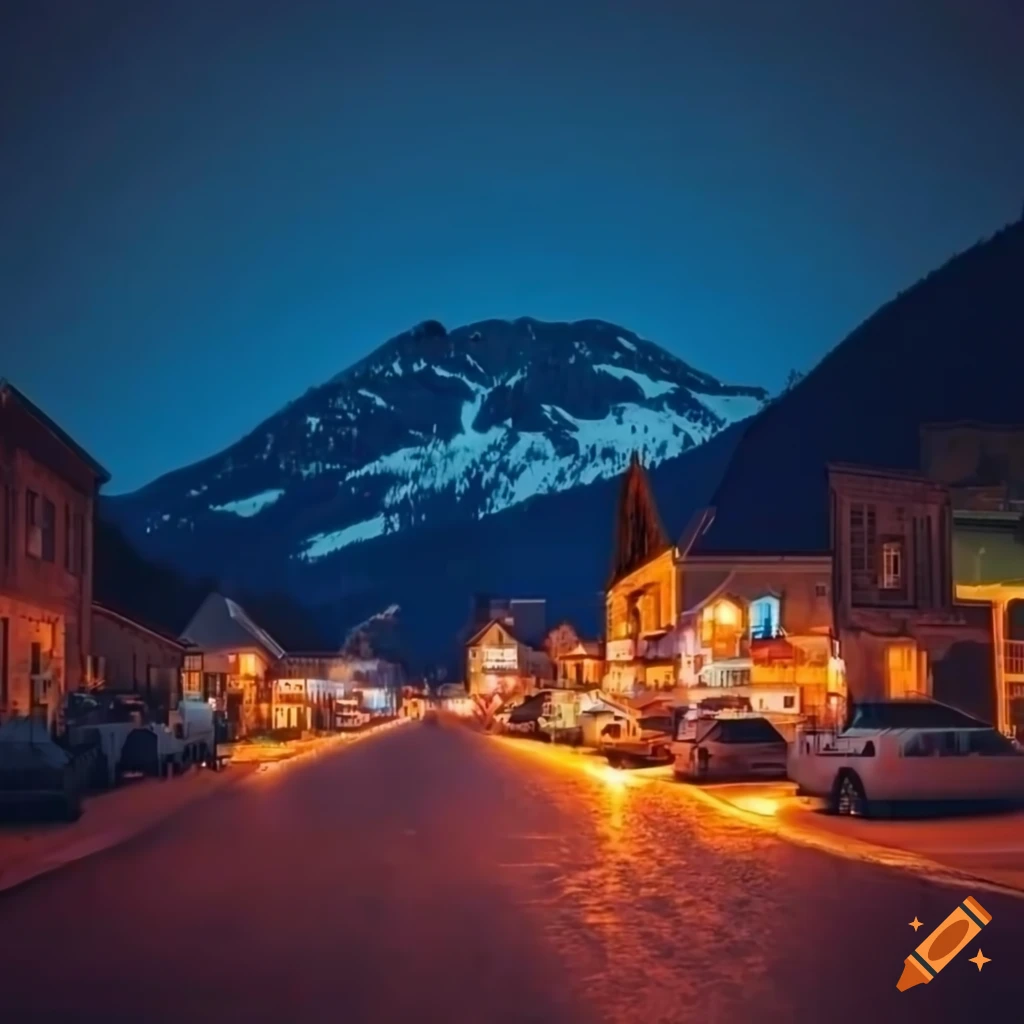 Night view of a rural Canadian mountain town in summer, with mountains ...