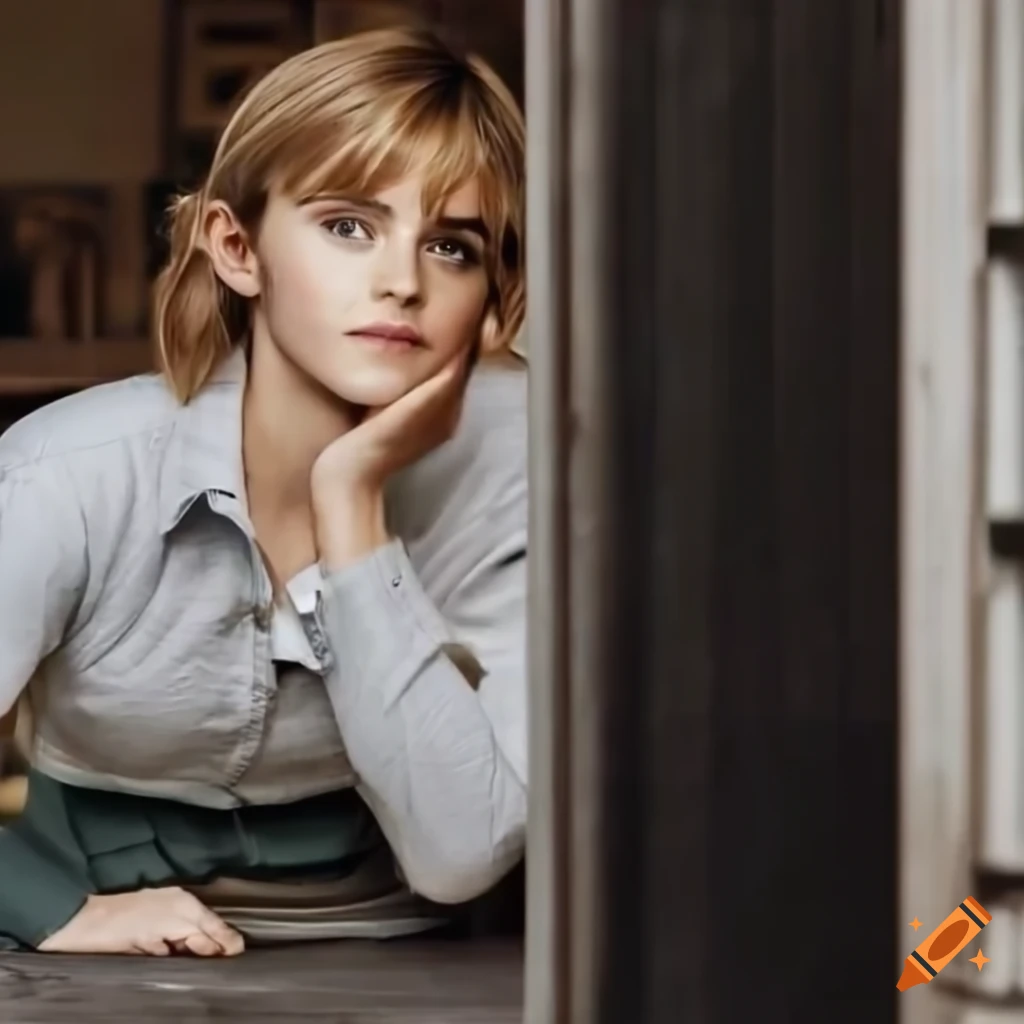 Young woman in country-plaid shirt and high-waist black leather trousers peeking through farmhouse kitchen door