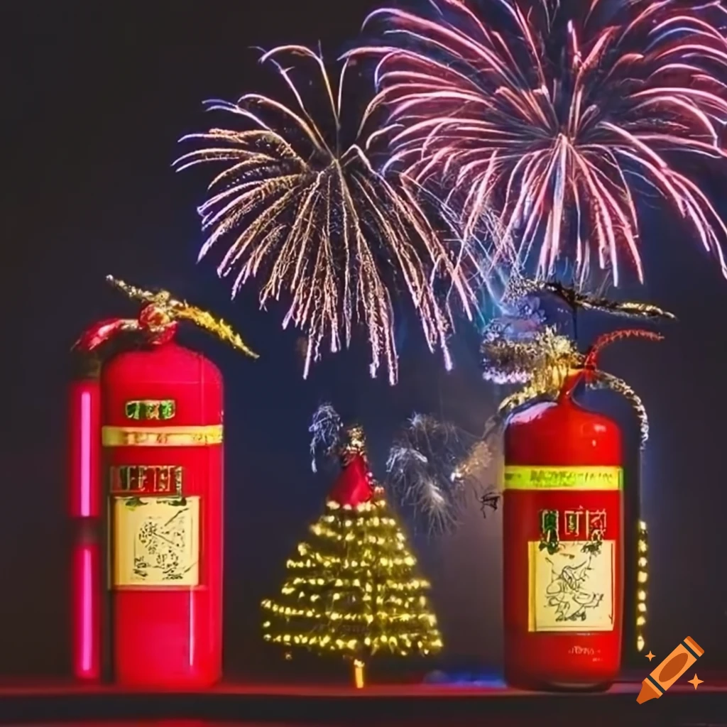 Fire extinguisher and christmas tree with neon fireworks on Craiyon