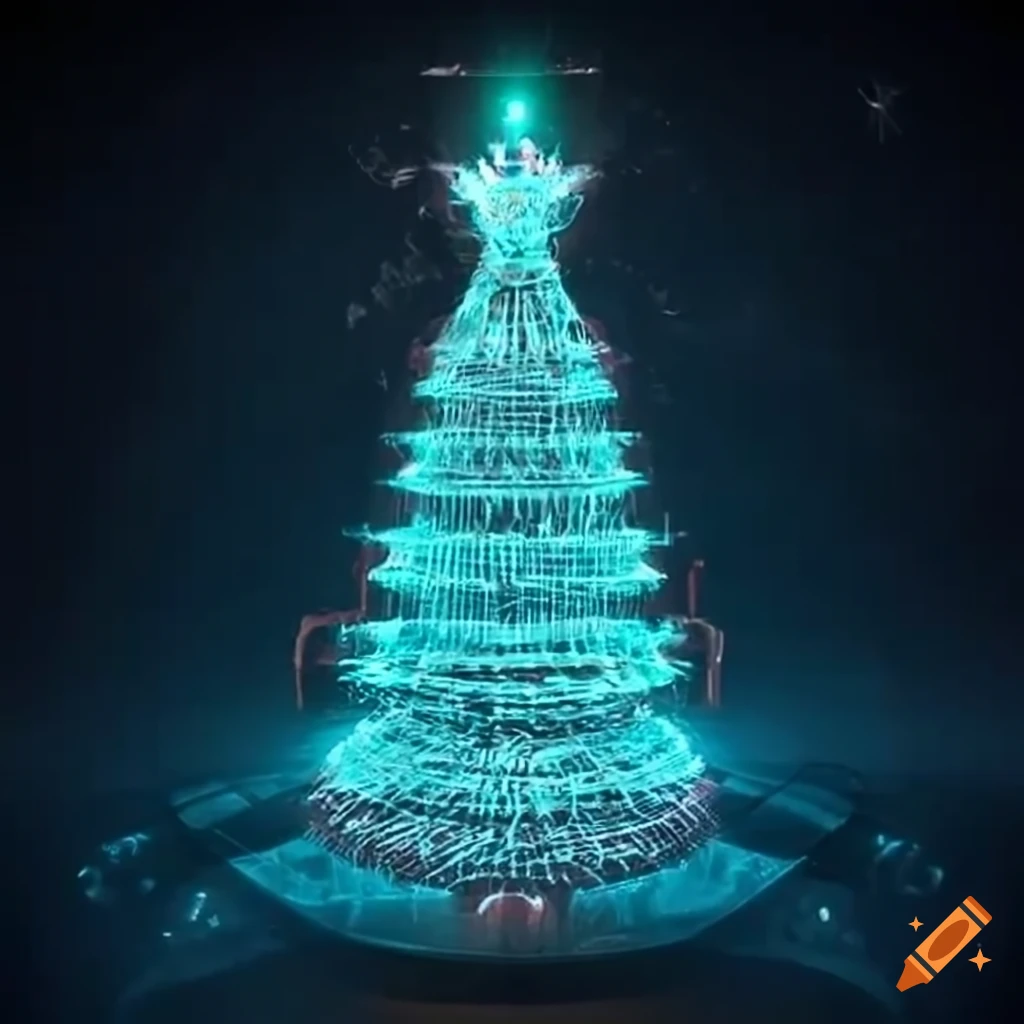 Futuristic factory with a robot welding a holographic christmas tree on  Craiyon