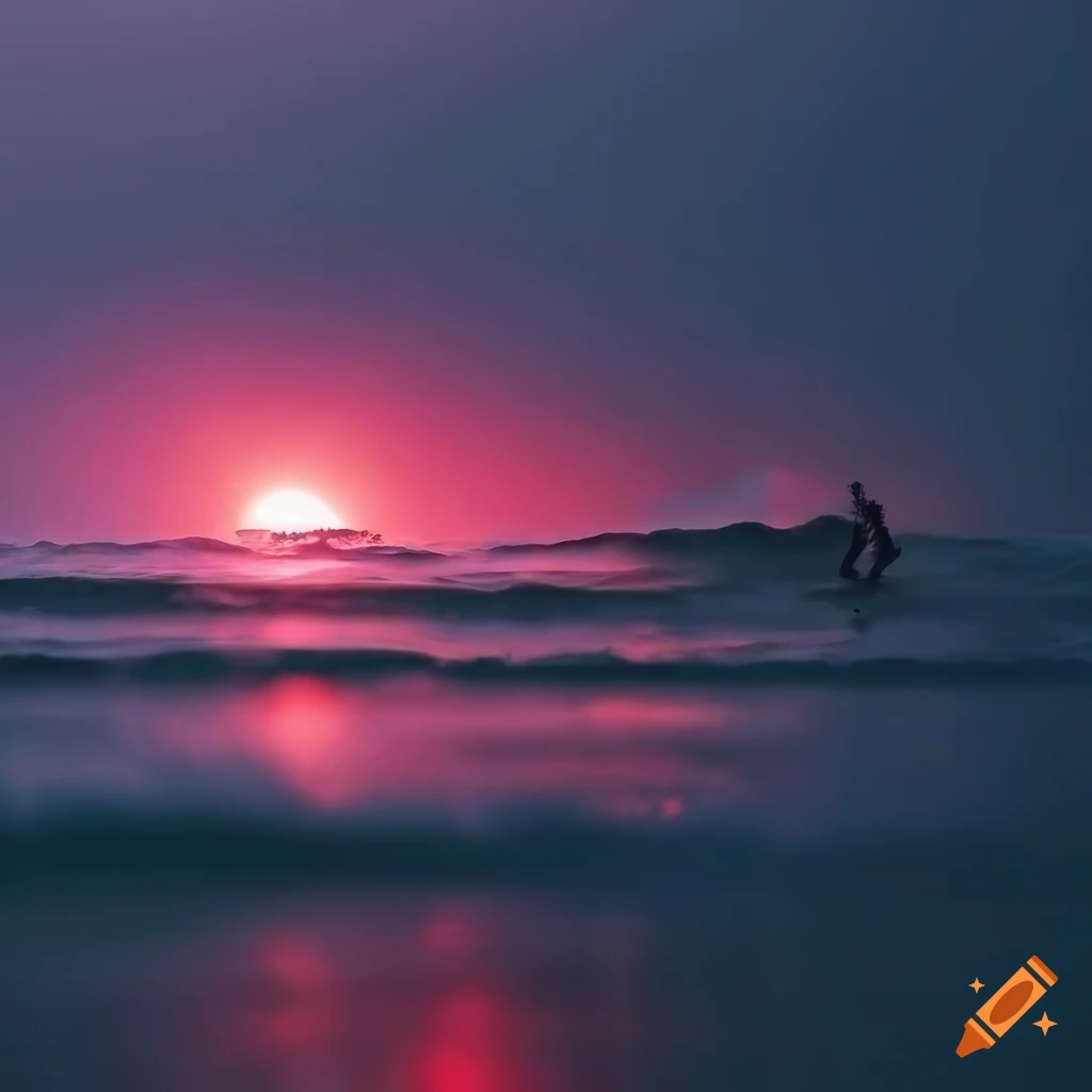 Group of surfers riding a wave under a dramatic red sky on Craiyon