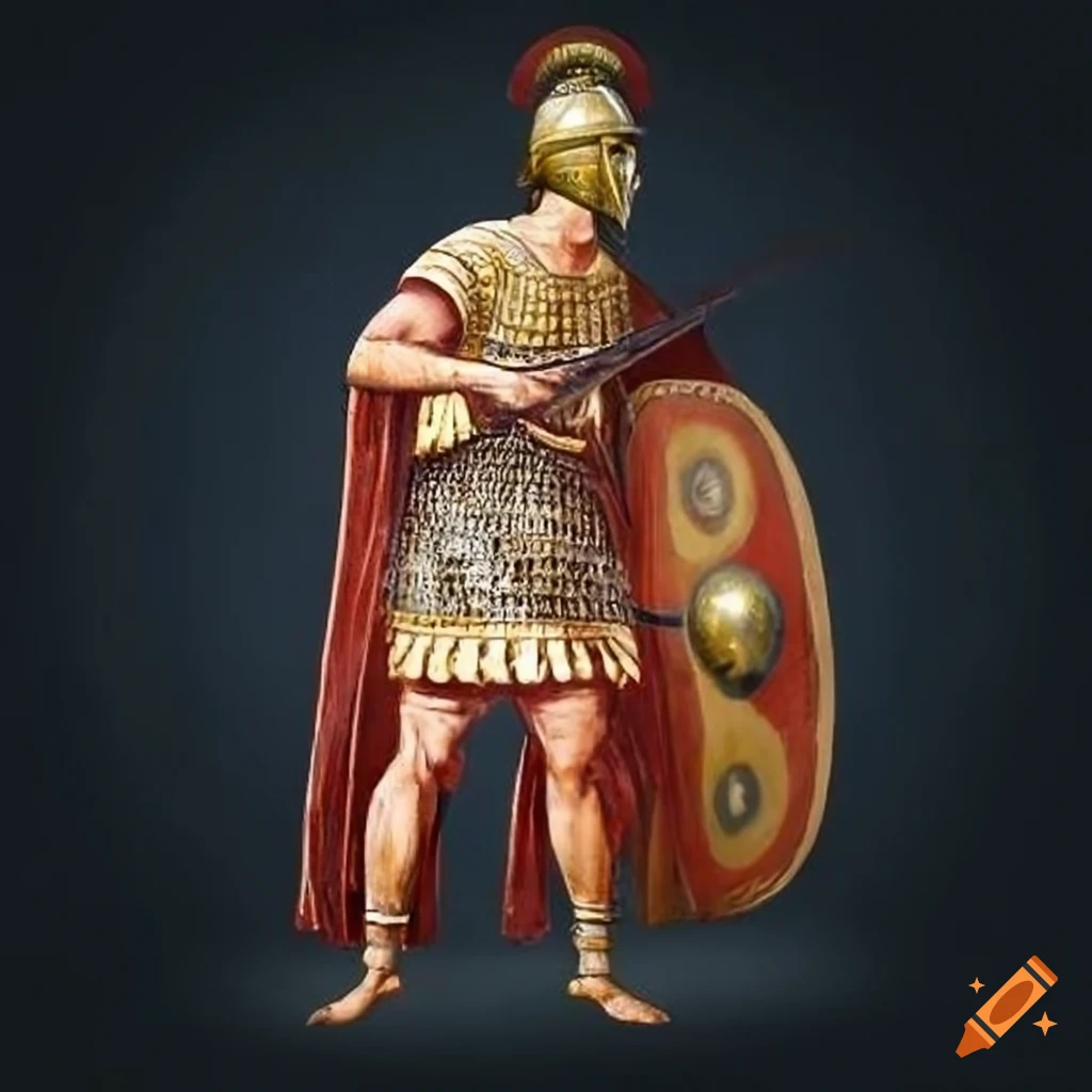 Roman soldier in the style of ancient Roman frescoes with pilum and ...