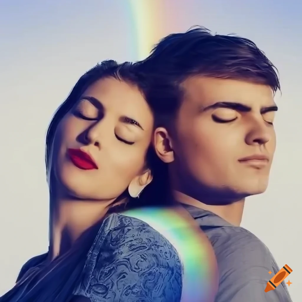 Man and woman with serene features leaning against each other surrounded by iridescent rainbows