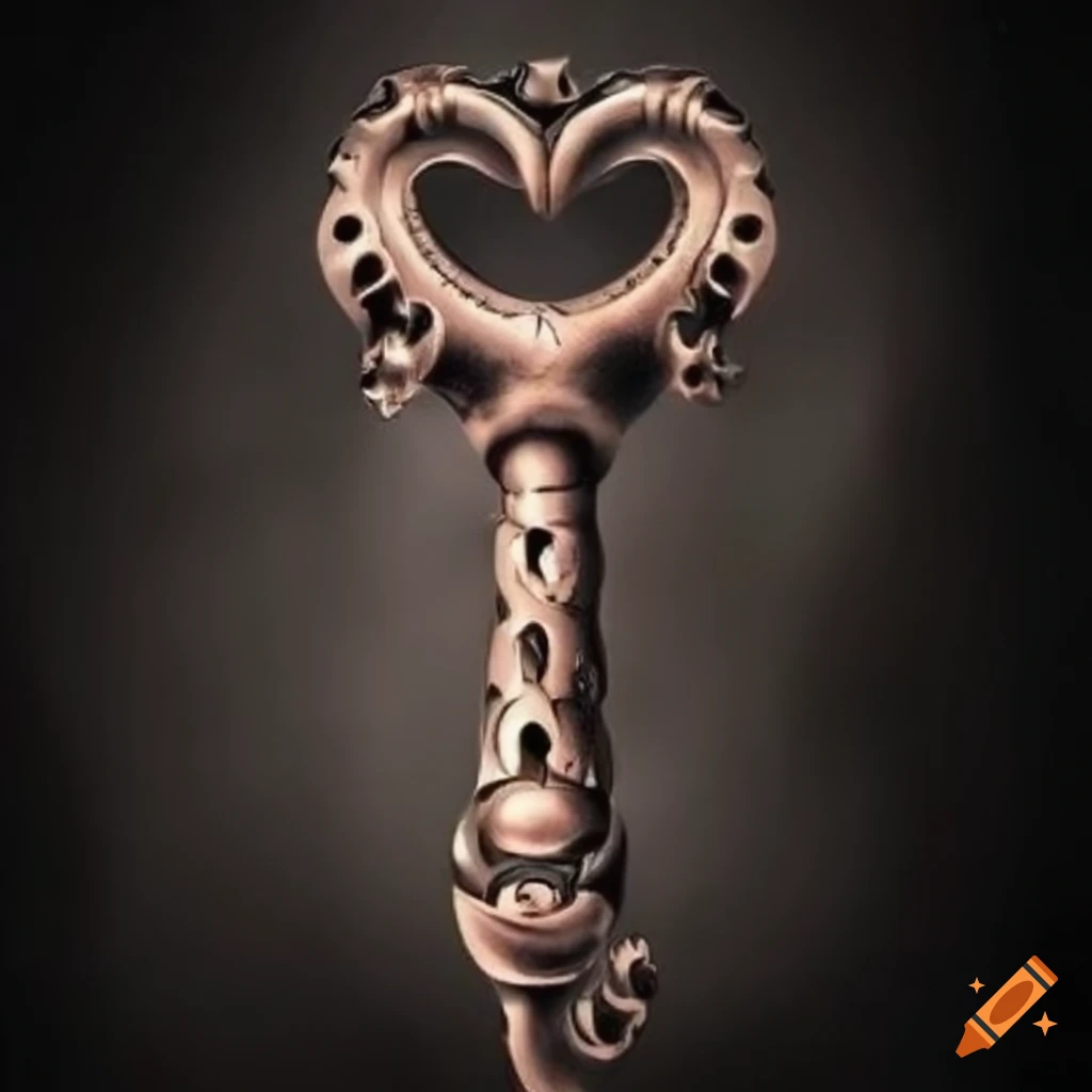 Clé médiévale avec anneau en forme de coeur style tatouage