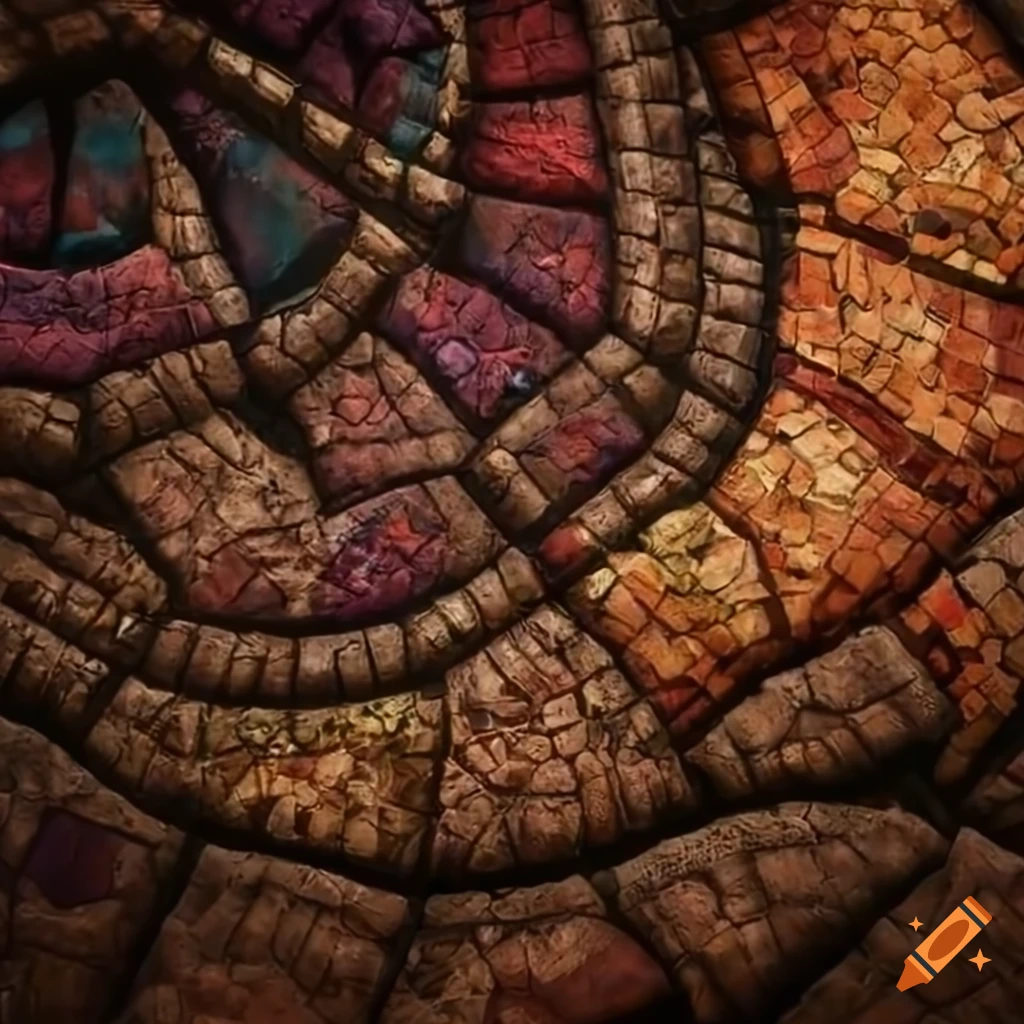 Colorful mosaic texture of dinosaur skull in a dungeon sand floor, inspired by Conan Exiles style