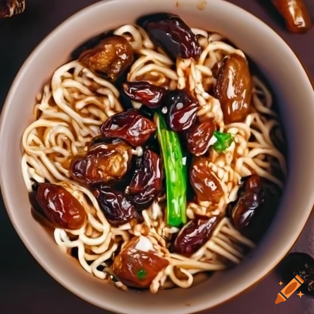 Bowl of Manchurian noodles with dates and puffed rice