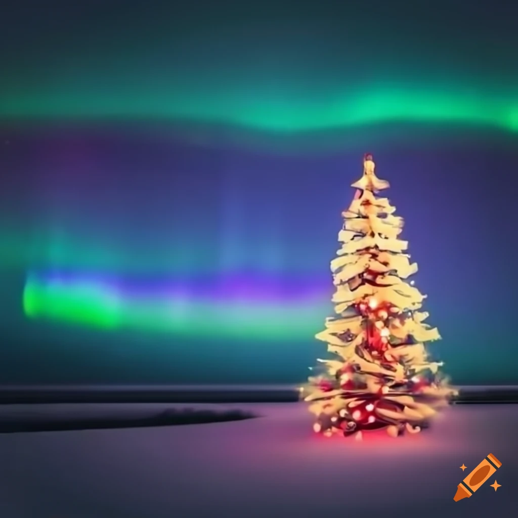 Festive christmas tree with northern lights in the background on Craiyon