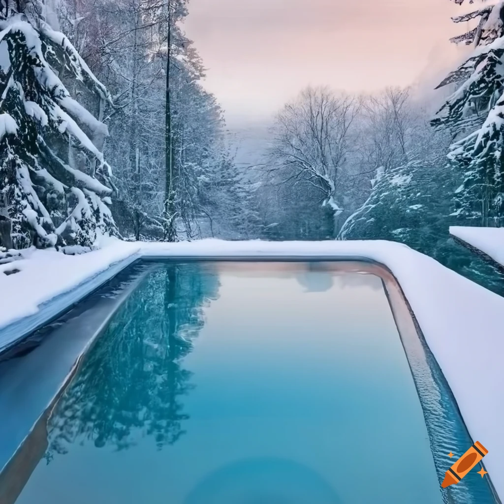 Piscine luxueuse rectangulaire dans un joli environnement naturel en hiver avec de la neige on