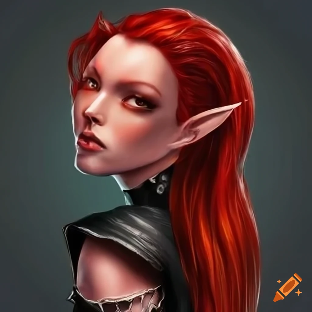Female elf with crimson red hair in a black leather top on Craiyon