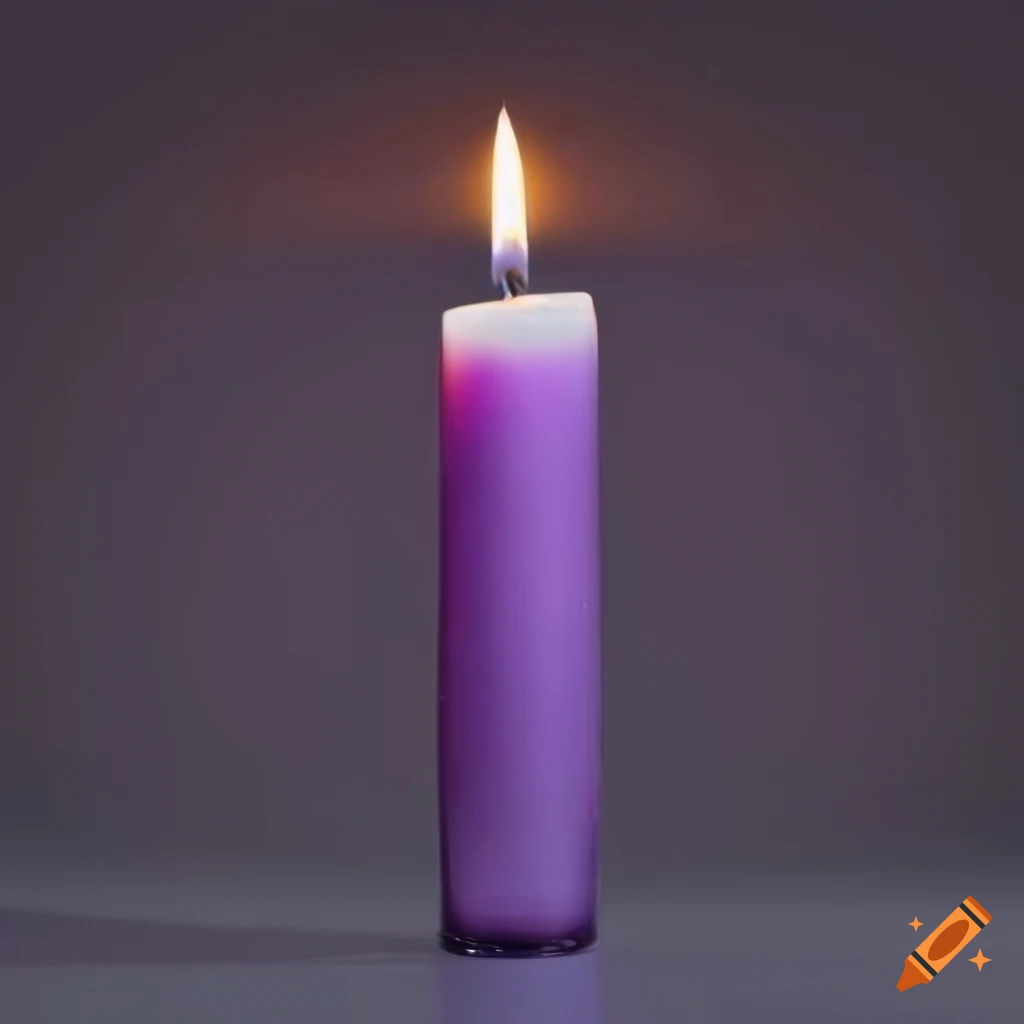Tall candle in dark purple etched glass holder on white background on Craiyon