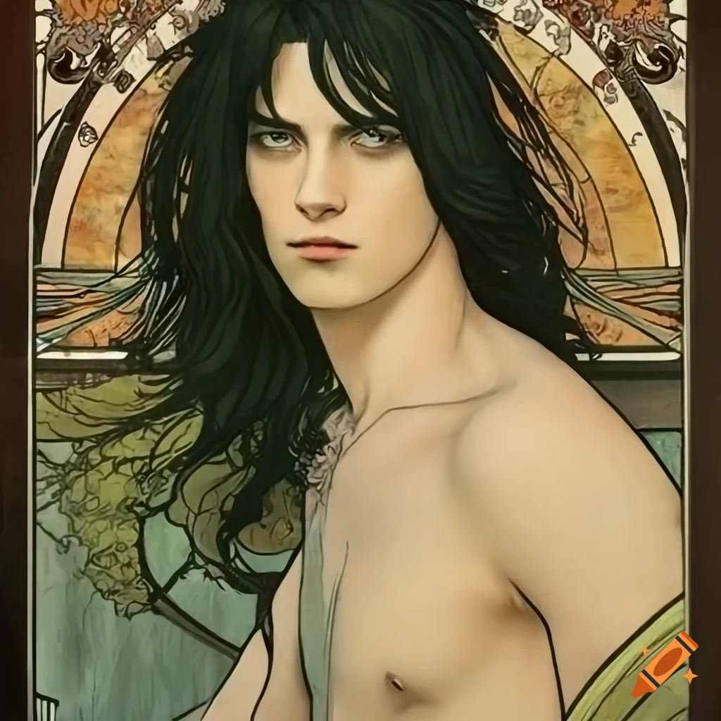 Artistic poster of a young man with long black hair and green eyes on ...