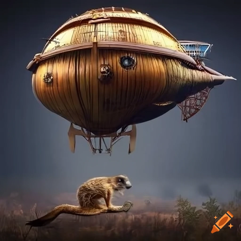 Steampunk airship floating among the meerkat