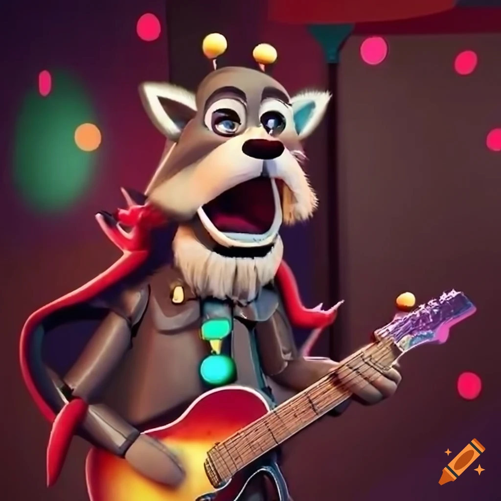 Cartoony animatronic of Rumble, the musical raccoon in a leather jacket at the café's entertainment area