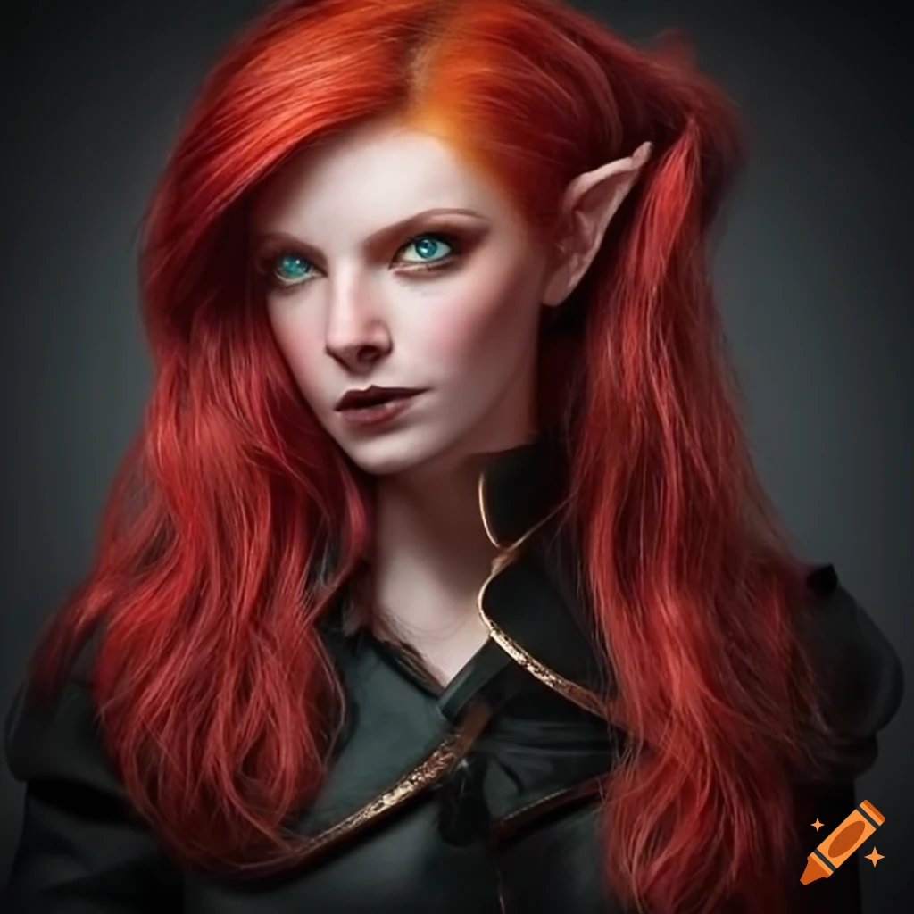Female elf with crimson red hair wearing a black leather top on Craiyon