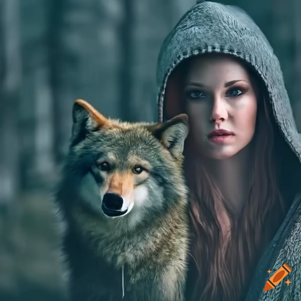 Woman in boreal forest with wolf and black bear on Craiyon