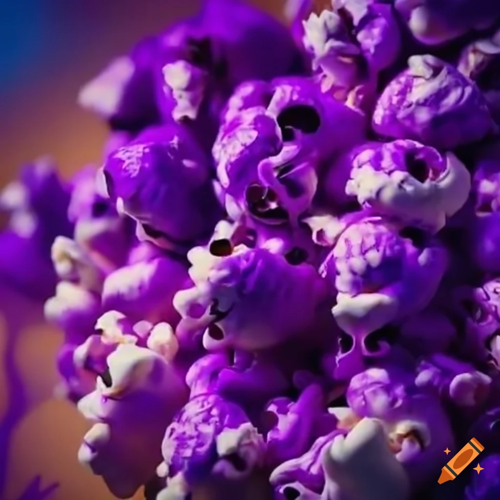 69 pieces of popcorn with purple swirls spelling out \