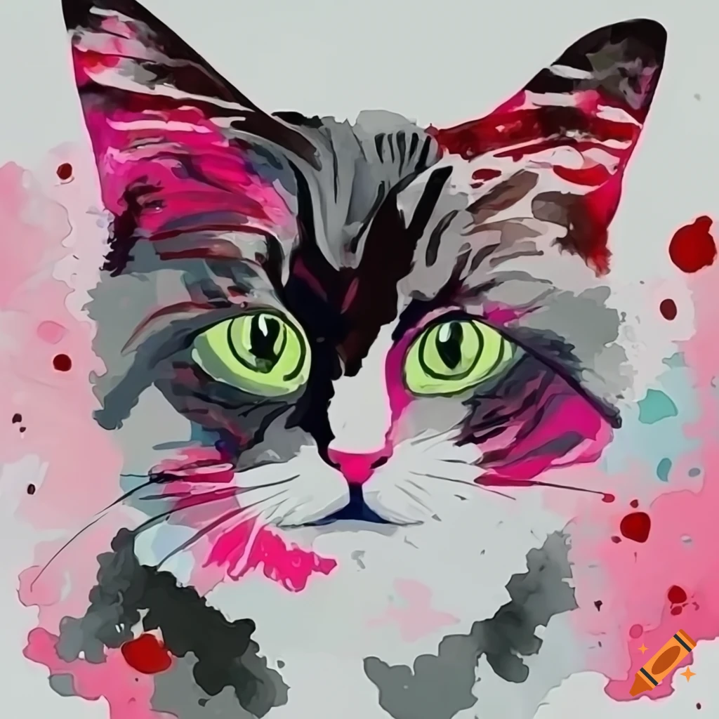 Portrait of a pretty white cat with red and pink accents on Craiyon