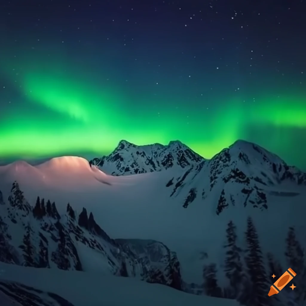 Snowy mountain at night with northern lights