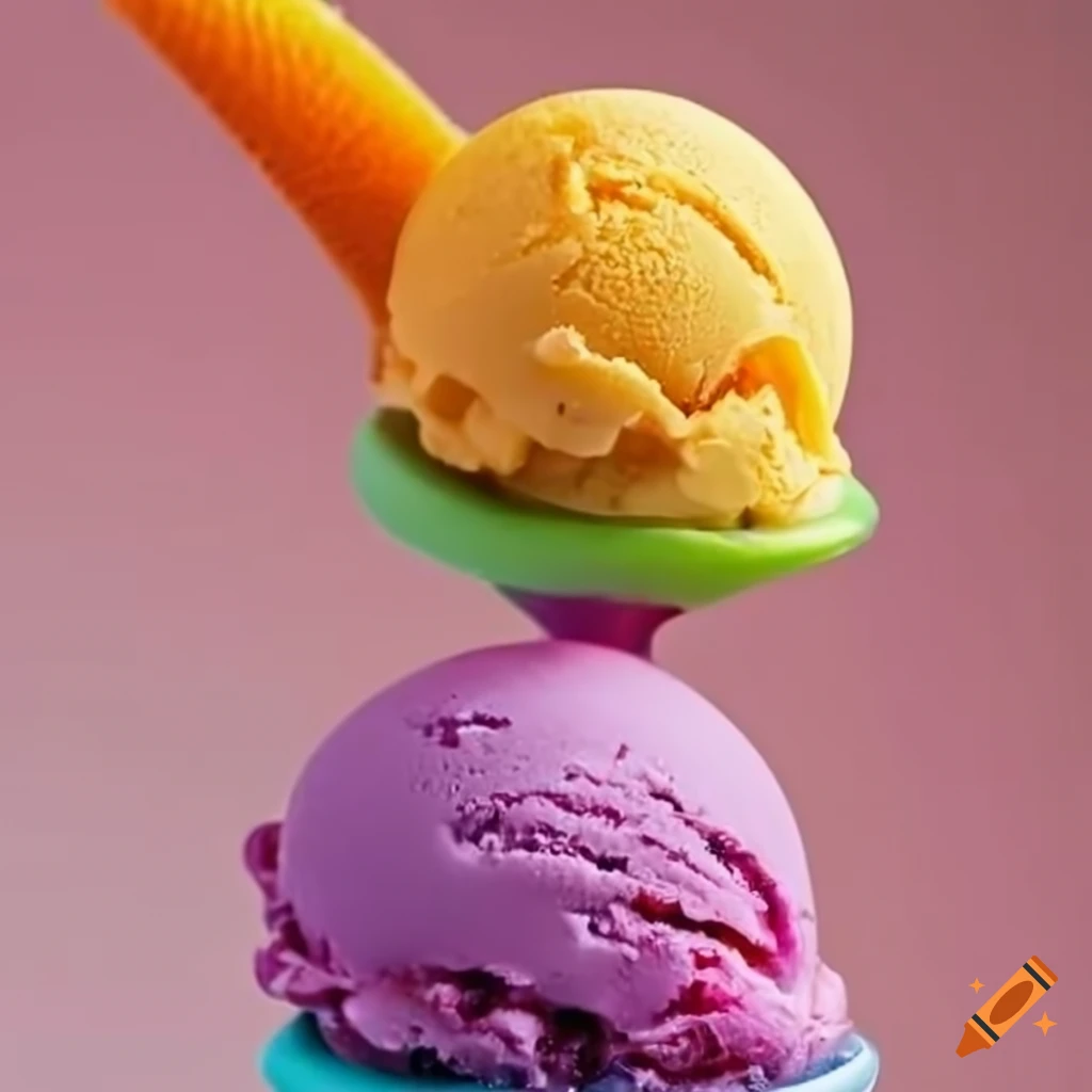 Two colorful scoops of creamy grape and orange ice cream on Craiyon