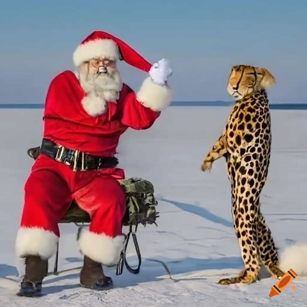 Santa in cheetah clothes flying a helicopter