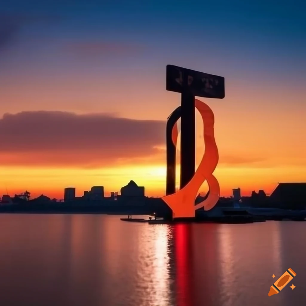 Sunrise over tranquil harbor with Pasir Gudang sign in foreground