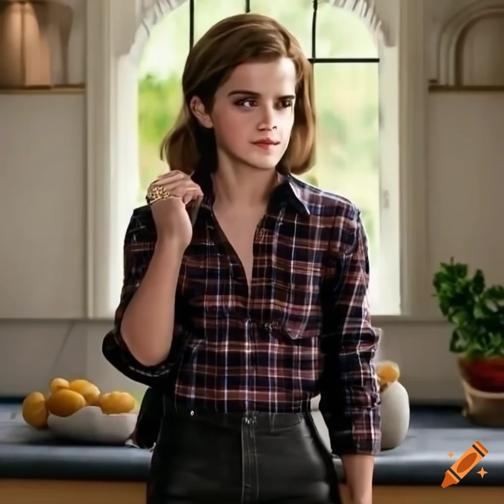 Young woman in country-plaid shirt and high-waist black leather trousers peeking through farmhouse kitchen door