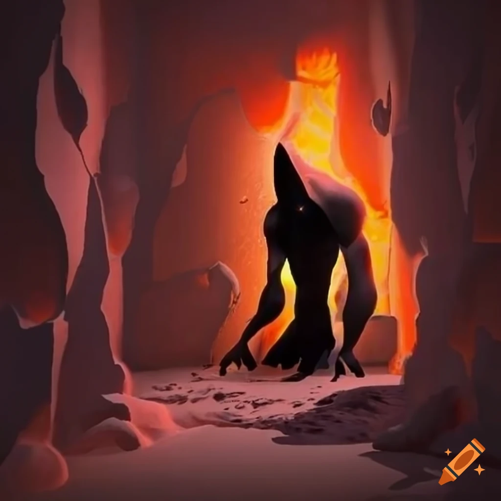 Dimly lit room with lava wall and a shadow creature