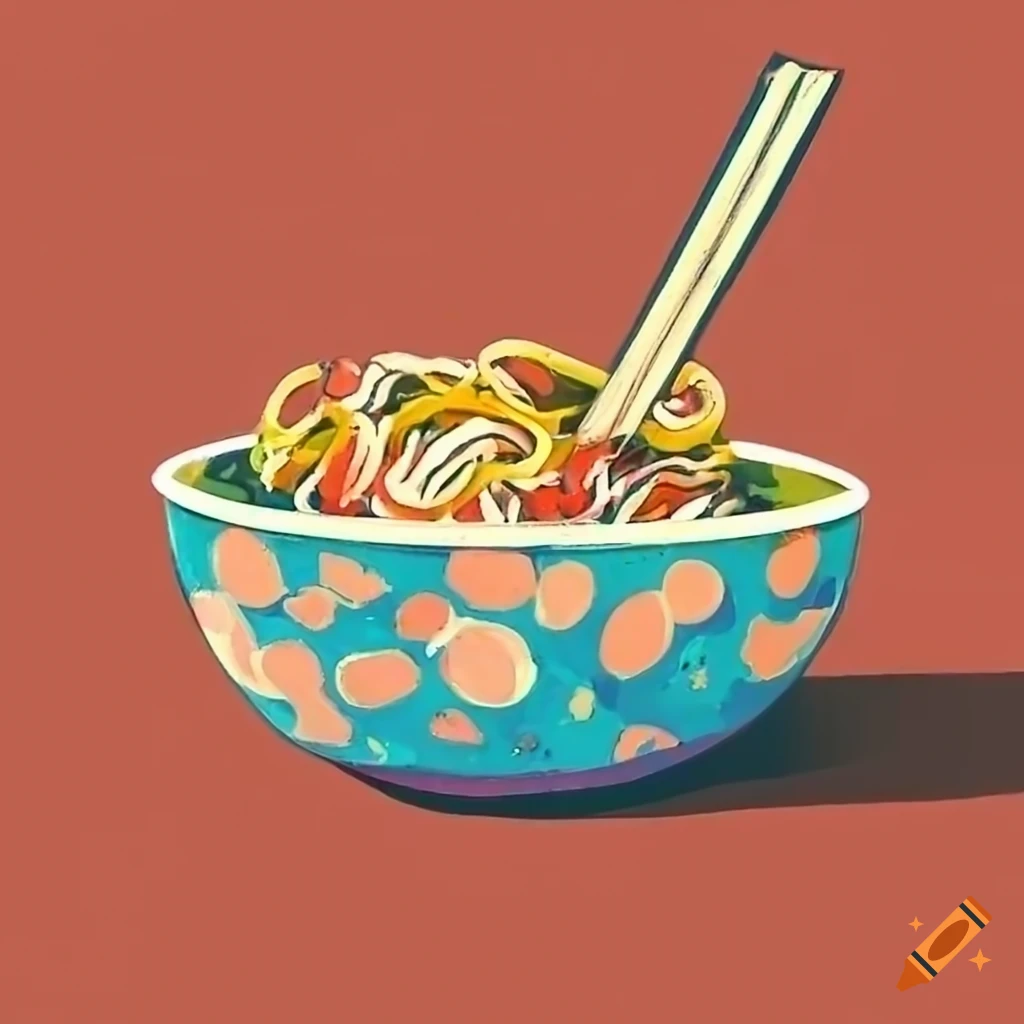 Chunky noodle bowl in earthy colors created with a pressed print