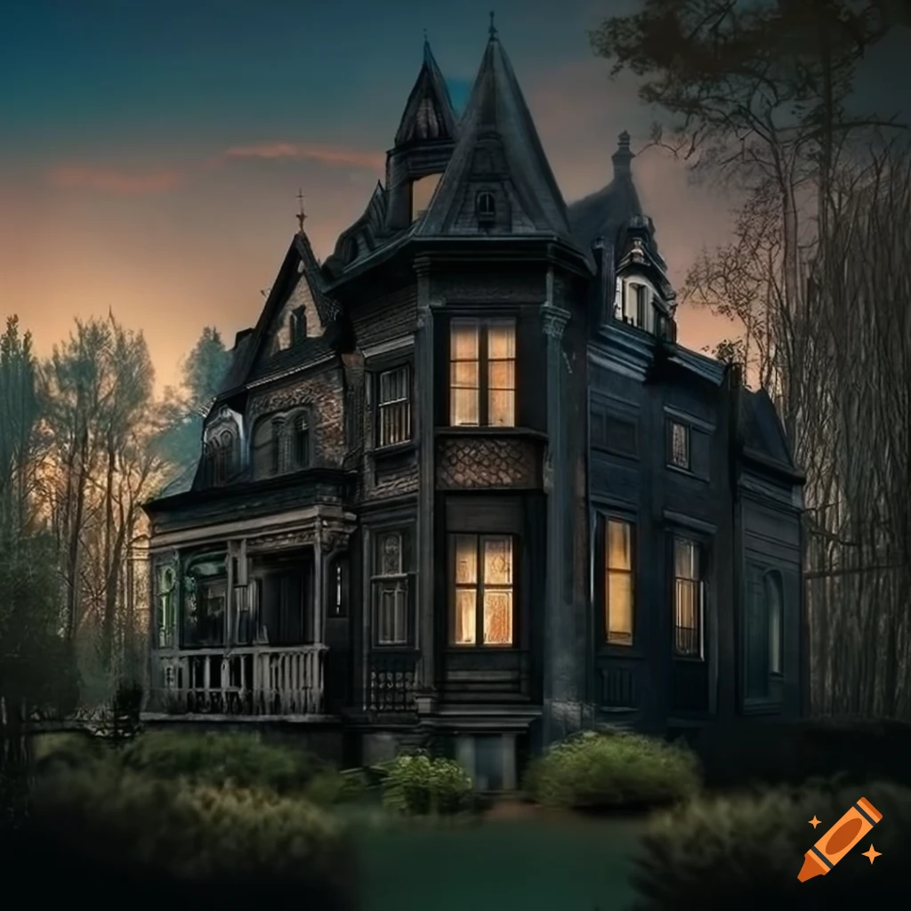 Photorealistic black victorian house with gothic architecture in nature ...