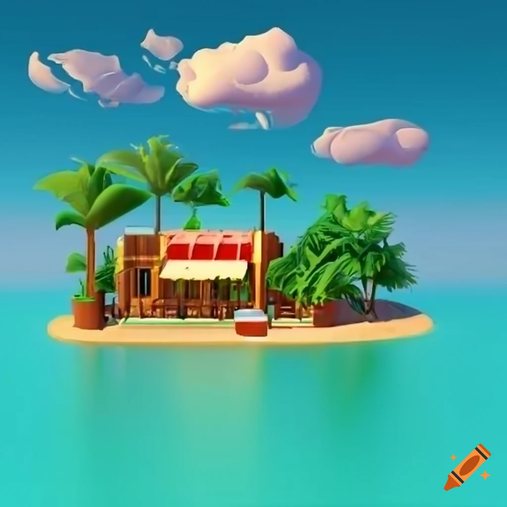 3D icon of a beautiful resort with palm trees, food store, and playground