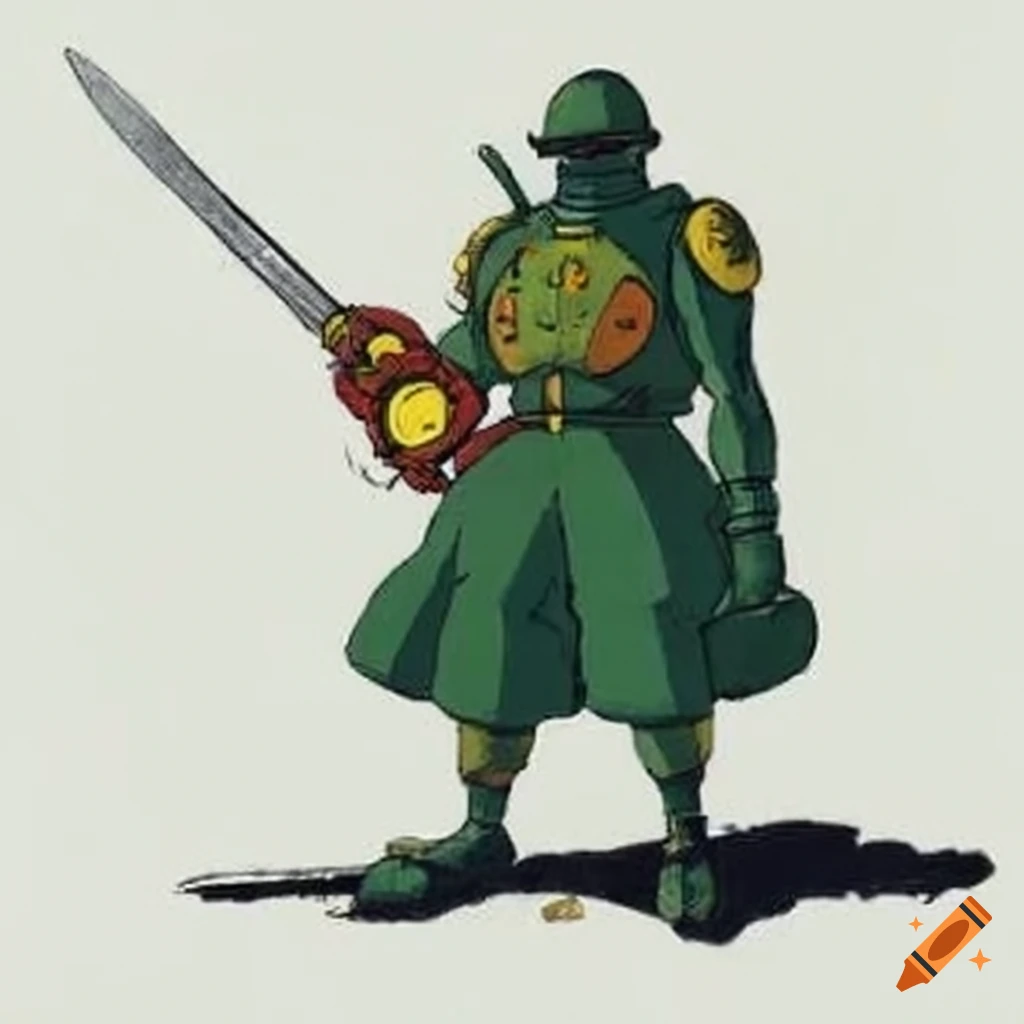 Colored ink drawing of a martian soldier with a sword by hayao miyazaki