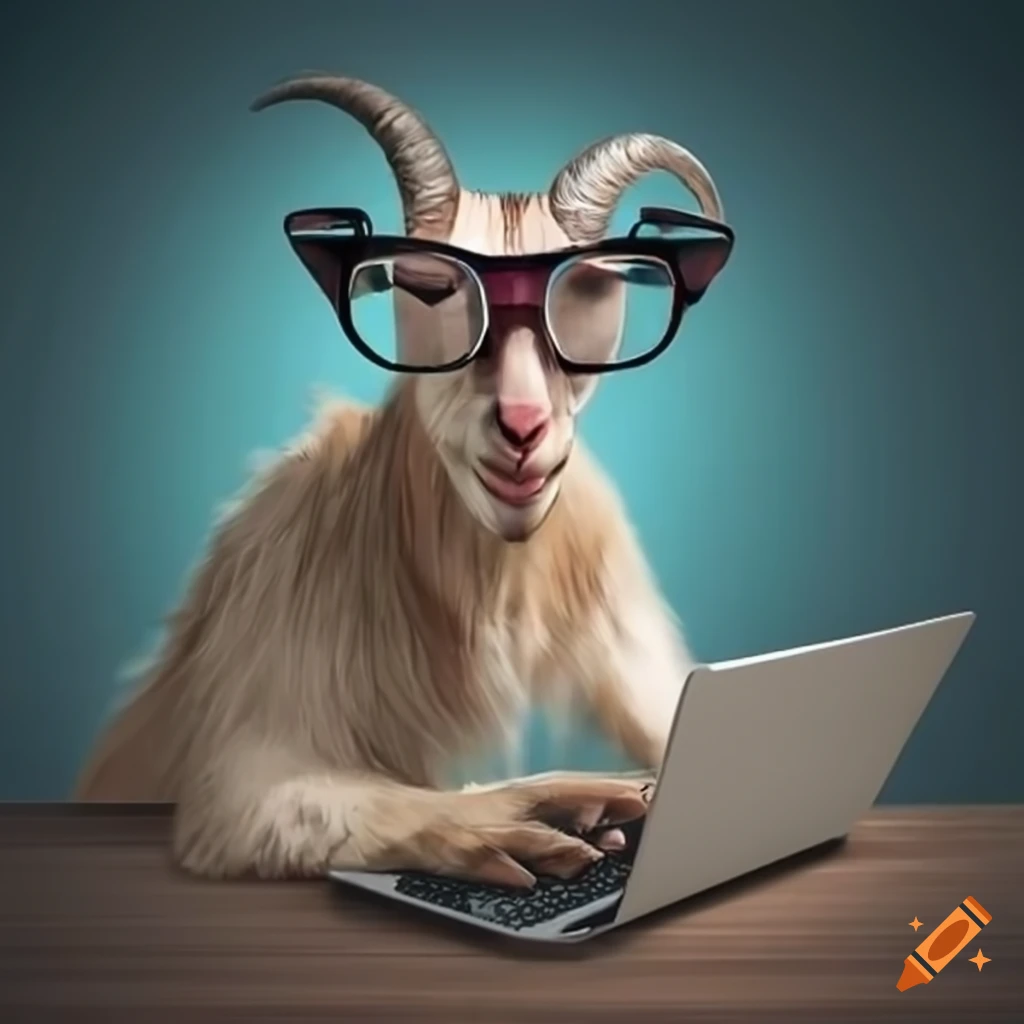 Goat wearing glasses using a computer on Craiyon