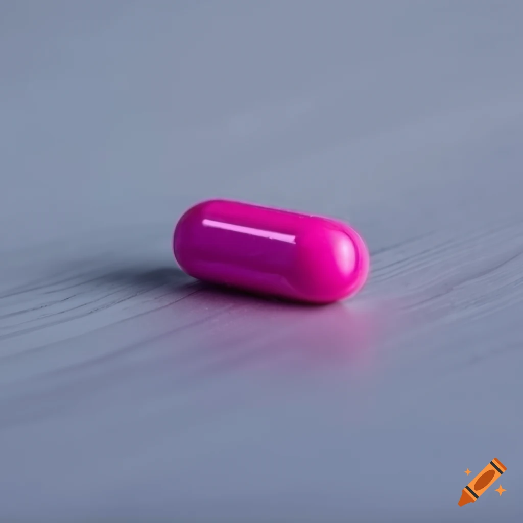 Fuchsia colored medication capsule on a wooden background