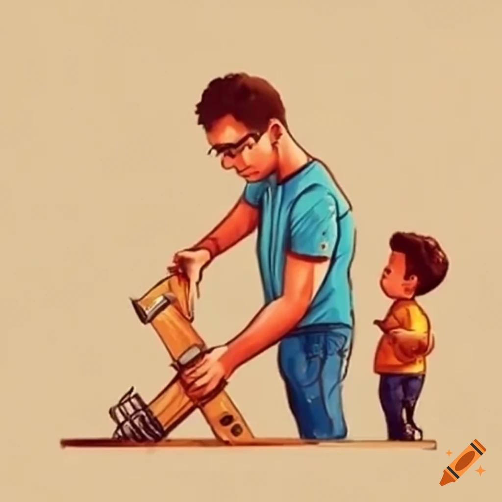 Father and son building something with tools