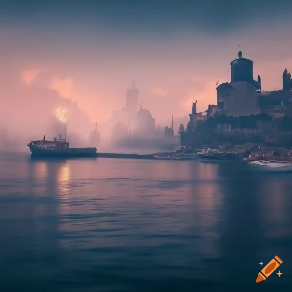 Seaport and harbour with ships, island, jungle, and mountains in the distance