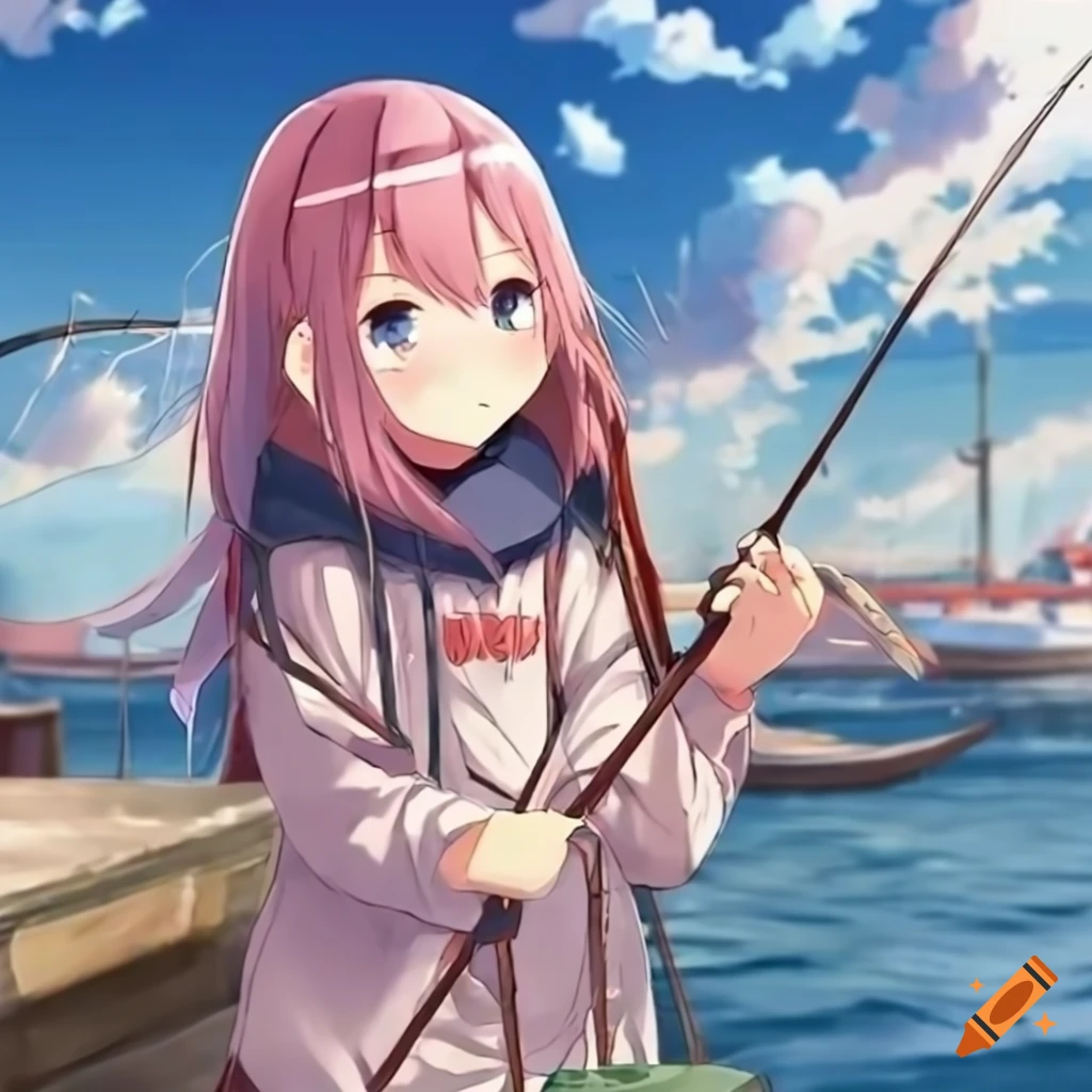 Anime girl Nadeshiko Kagamihara fishing with a beautiful harbor view
