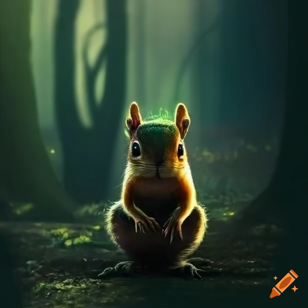 Detailed squirrel sitting with Cthulhu in a dark magical forest under backlight