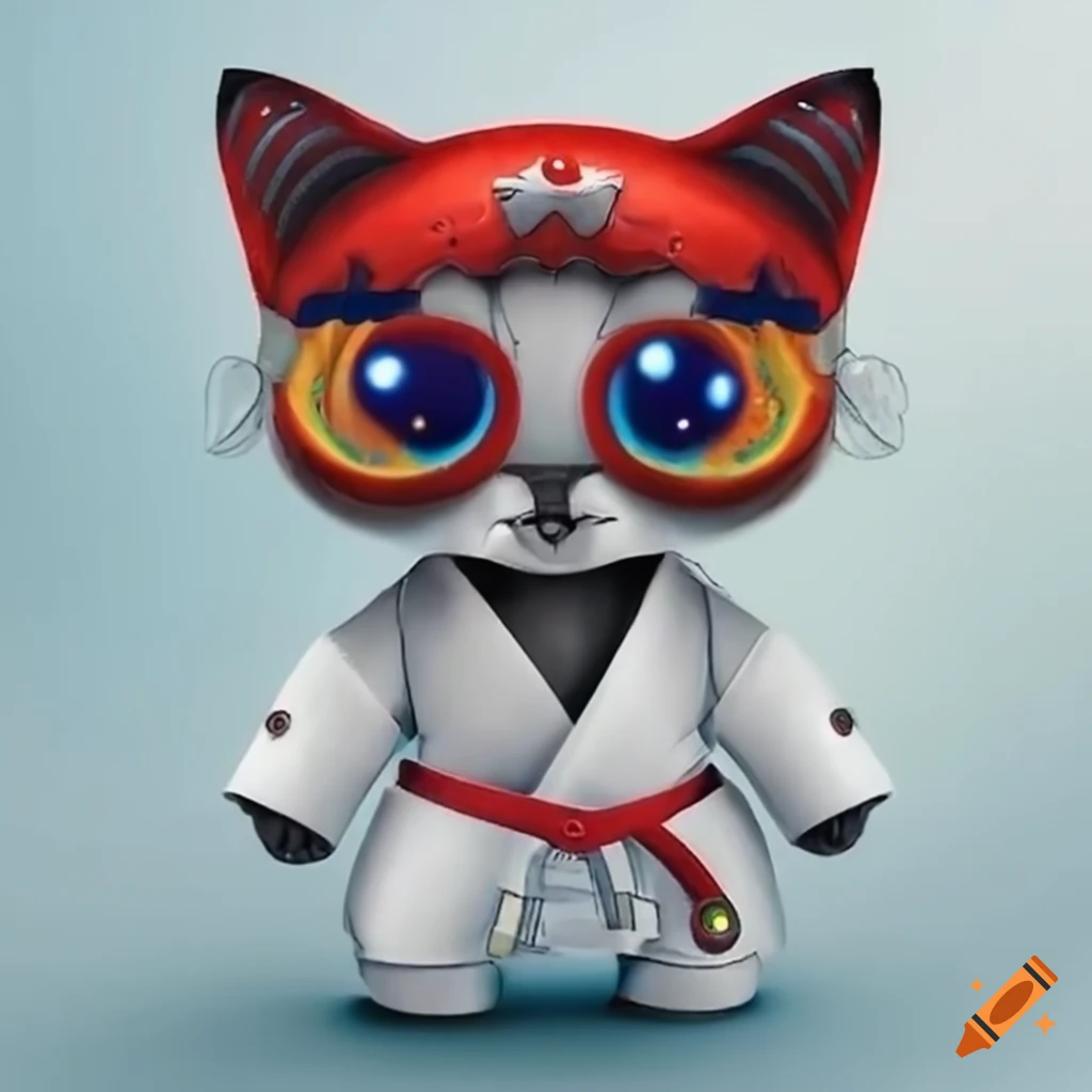 Cartoon robot kitten in a karate suit with marbled eyes