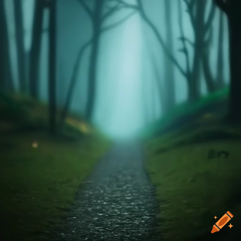 Enchanted foggy forest with a gravel path on Craiyon