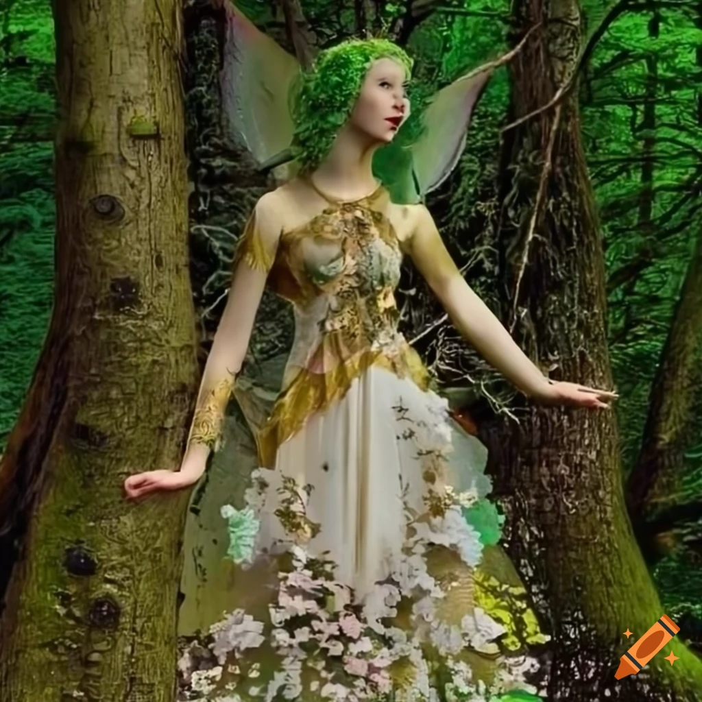 Green hair, gold and white dress, fairy wings, in a surreal realm 🌈🌳 of ...