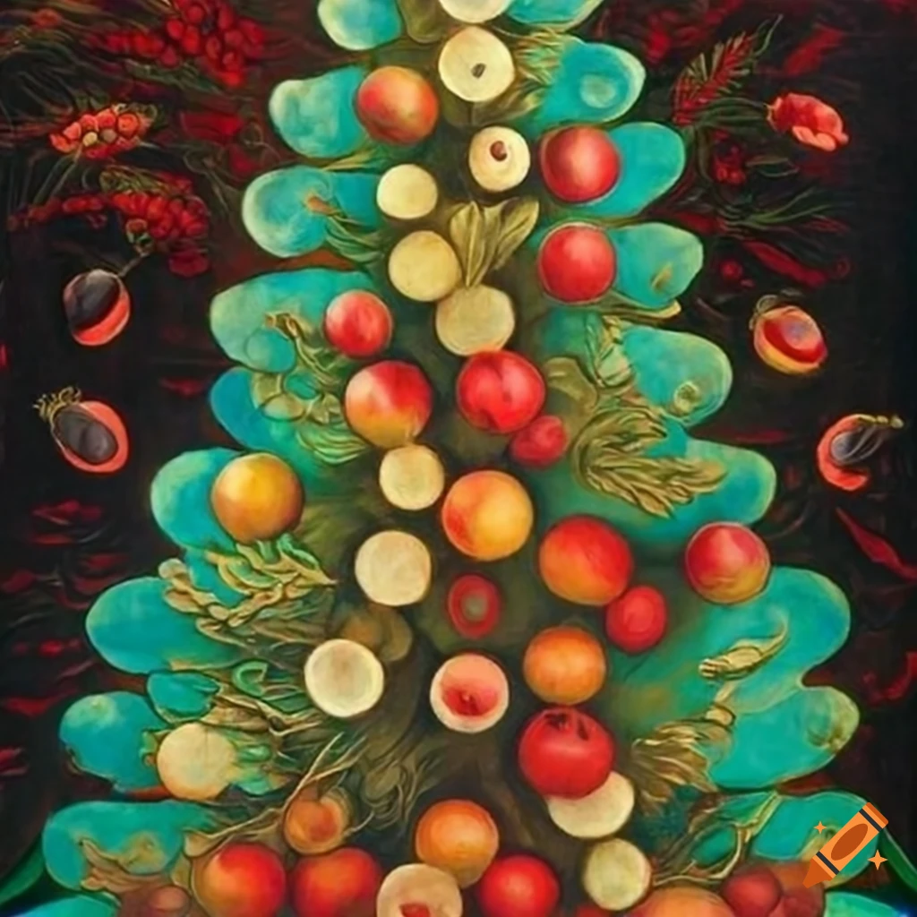 Serigraph Of A Christmas Tree Made Of Flowers Fruit And Berries In