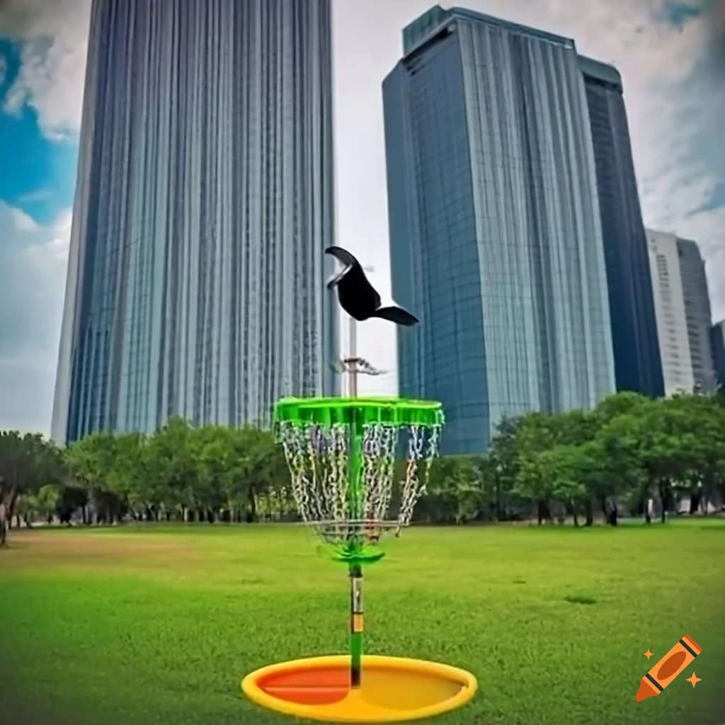 Black bird on a disc golf basket with jacksonville skyscrapers in the