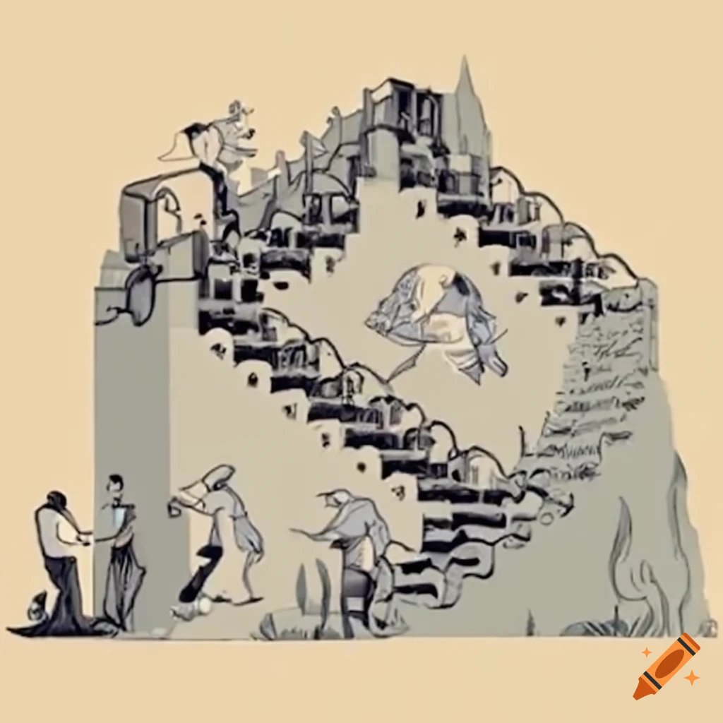 Mountain biker descending Escher-style stairs with a glass of wine