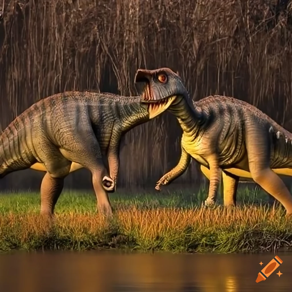 Hadrosaurus dinosaurs in a wetland during morning on Craiyon
