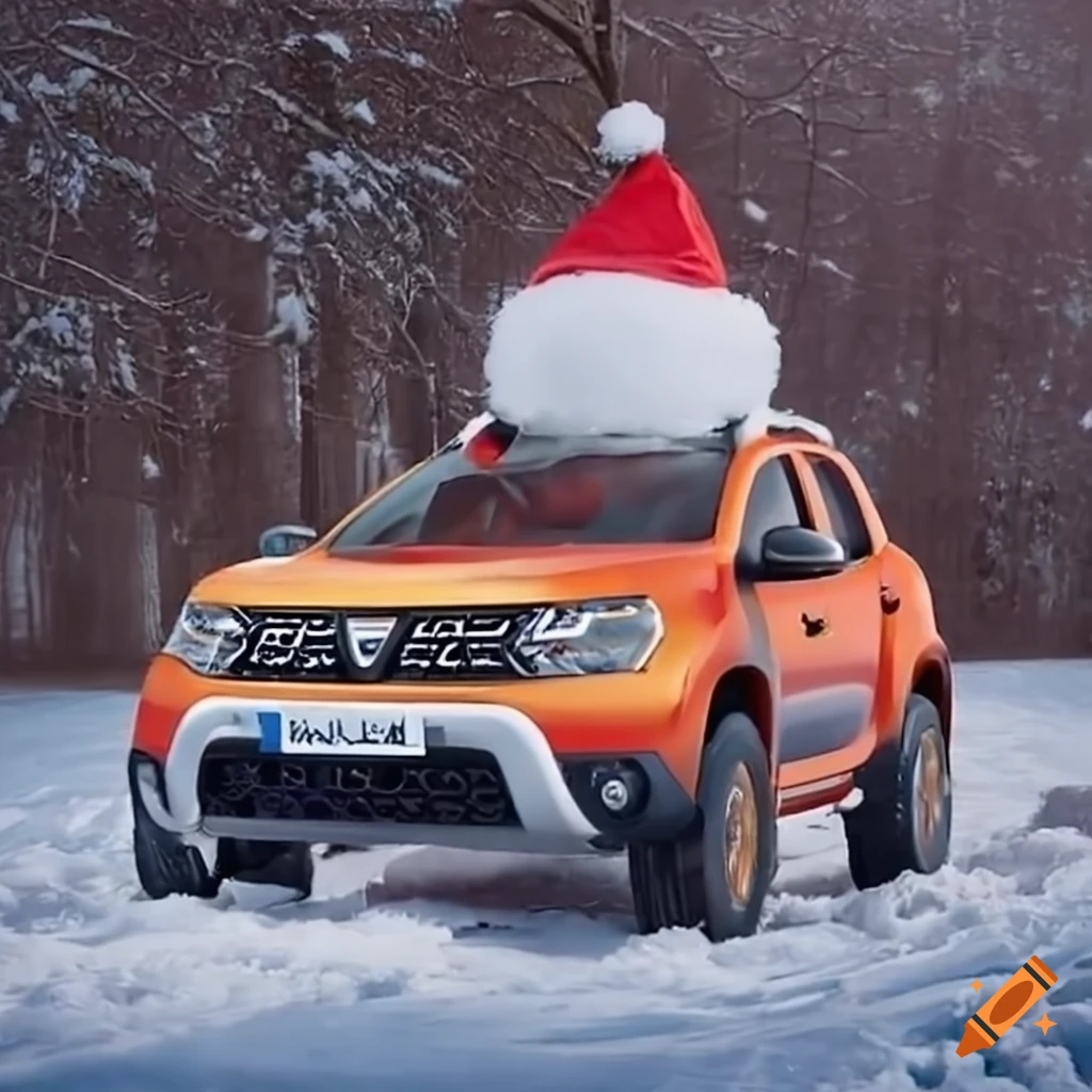 Dacia duster on snow with santa and gifts on Craiyon