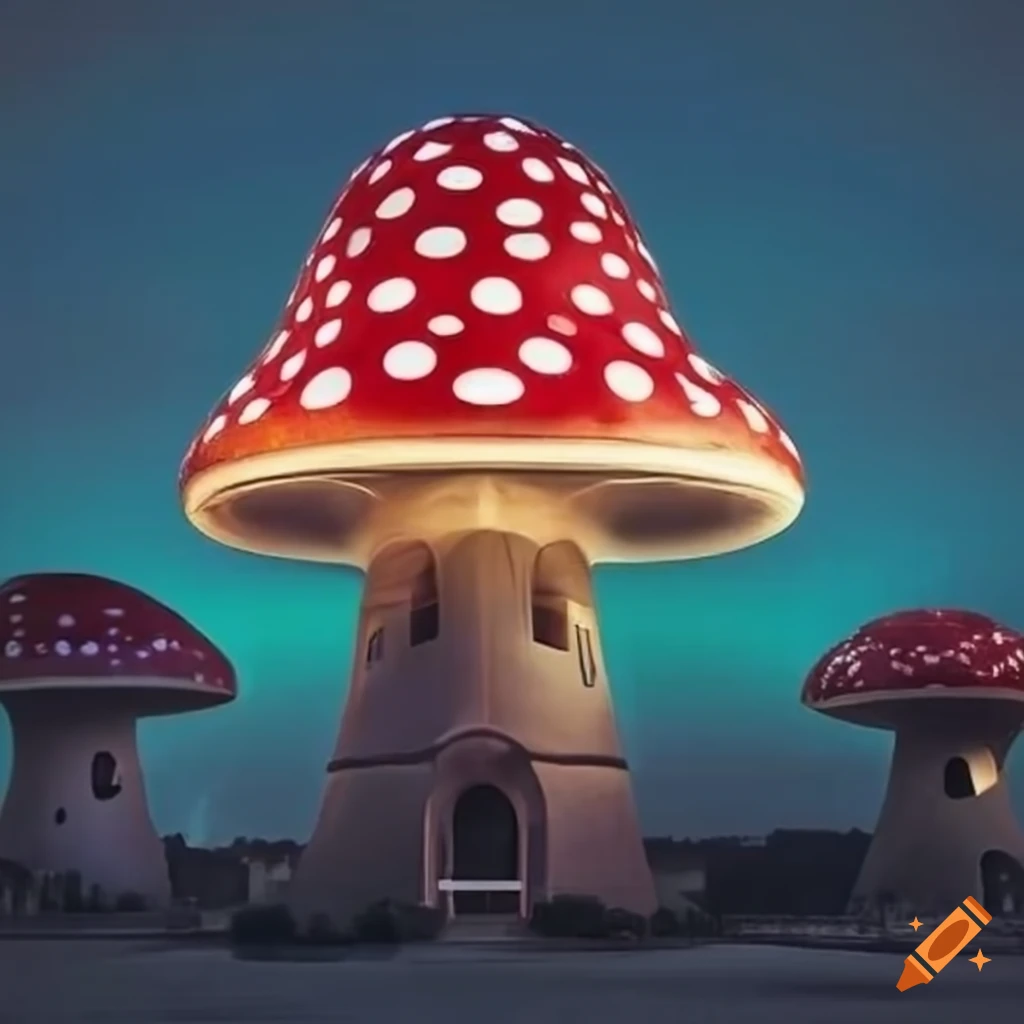 City of giant mushroom buildings with dramatic lighting on Craiyon