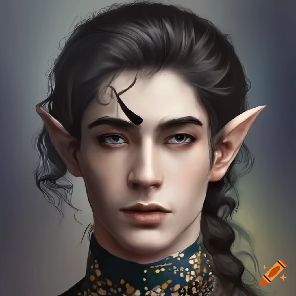 Portrait of a handsome young male elven prince with long wavy black ...