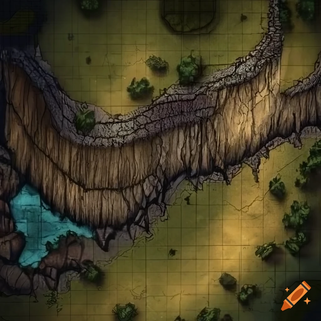 Dnd battlemap of canyon with rope bridges between steep cliffs on Craiyon