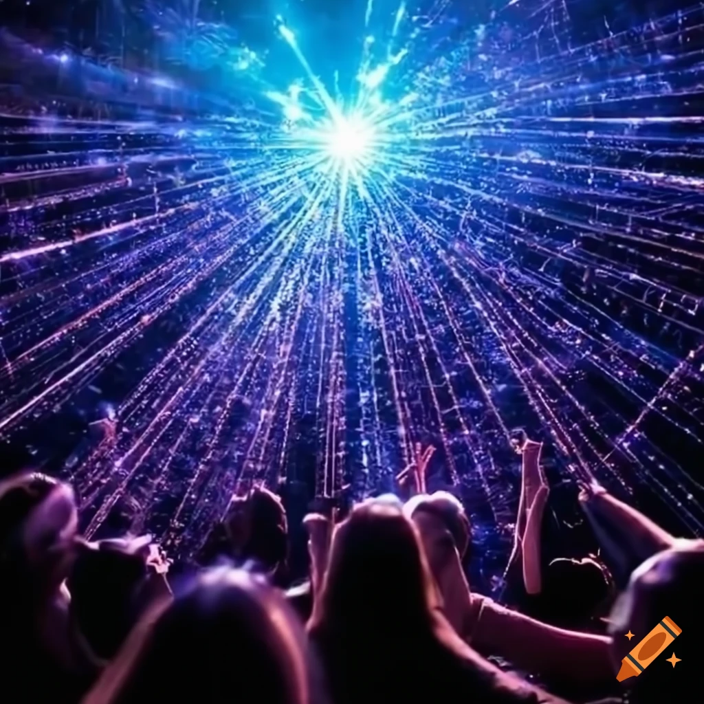 Dynamic stage lights and cheering crowd at a techno party on Craiyon