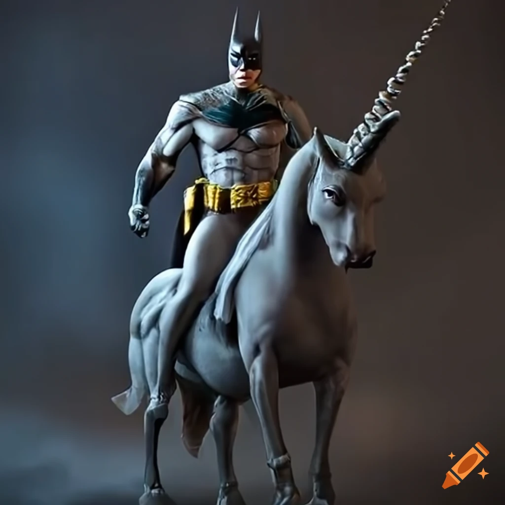 Batman riding a unicorn in a whimsical scene on Craiyon